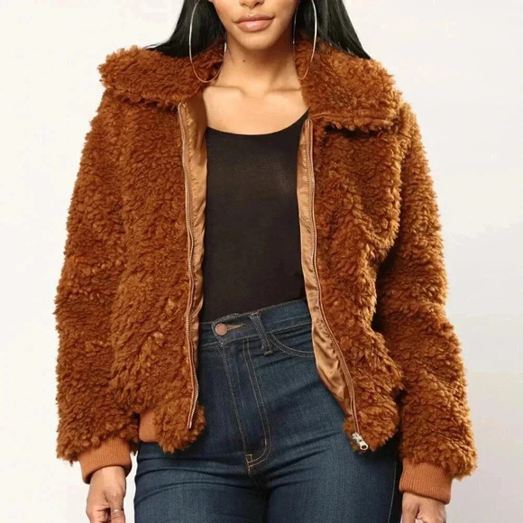 Cuddle up Faux Fur Zipper Jacket - Brown - Picture 1 of 6